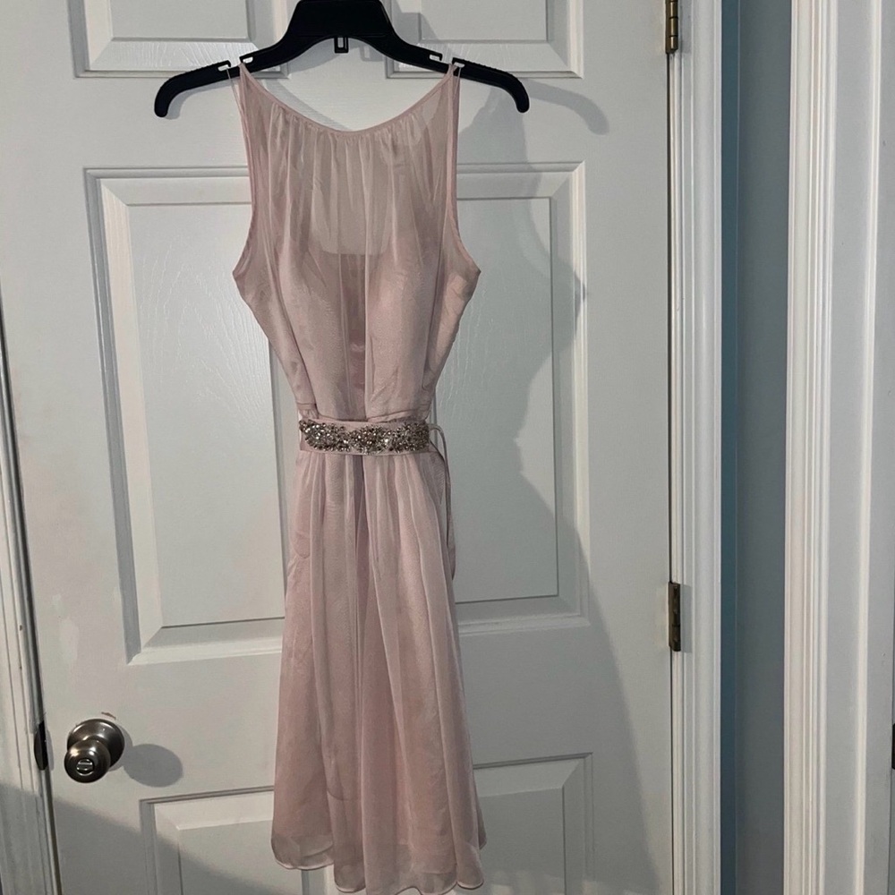 Adrianna Papell Blush Midi Dress with Embellished Waist